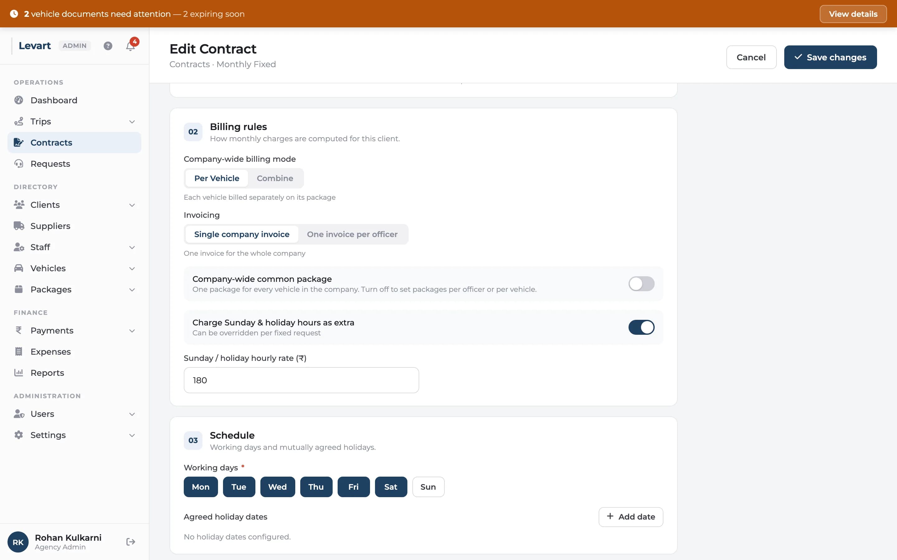 Levart contract setup screen for a monthly vehicle contract with its package and billing rules