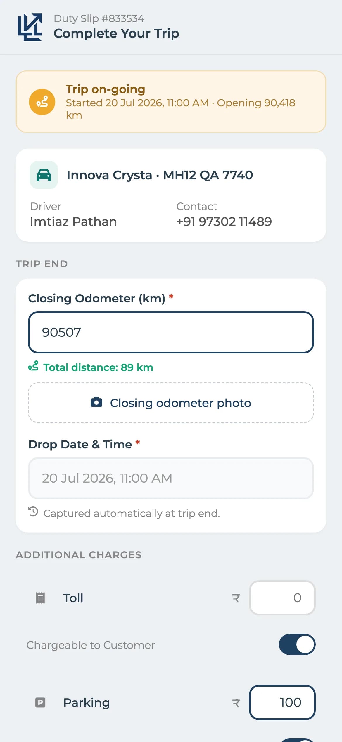 Levart duty-slip app completing a trip with closing odometer reading, total distance and tolls