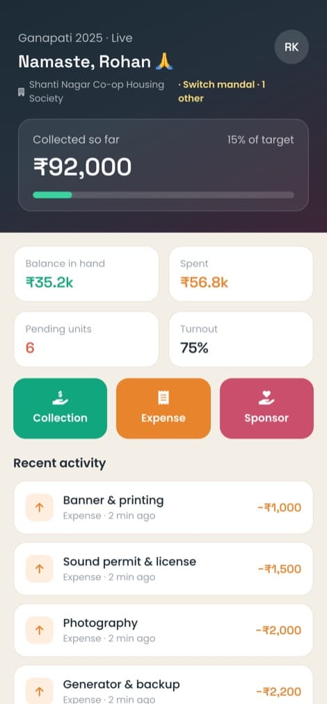 Om Kosh committee mobile app showing ₹92,000 collected, balance in hand and quick Collection, Expense and Sponsor buttons